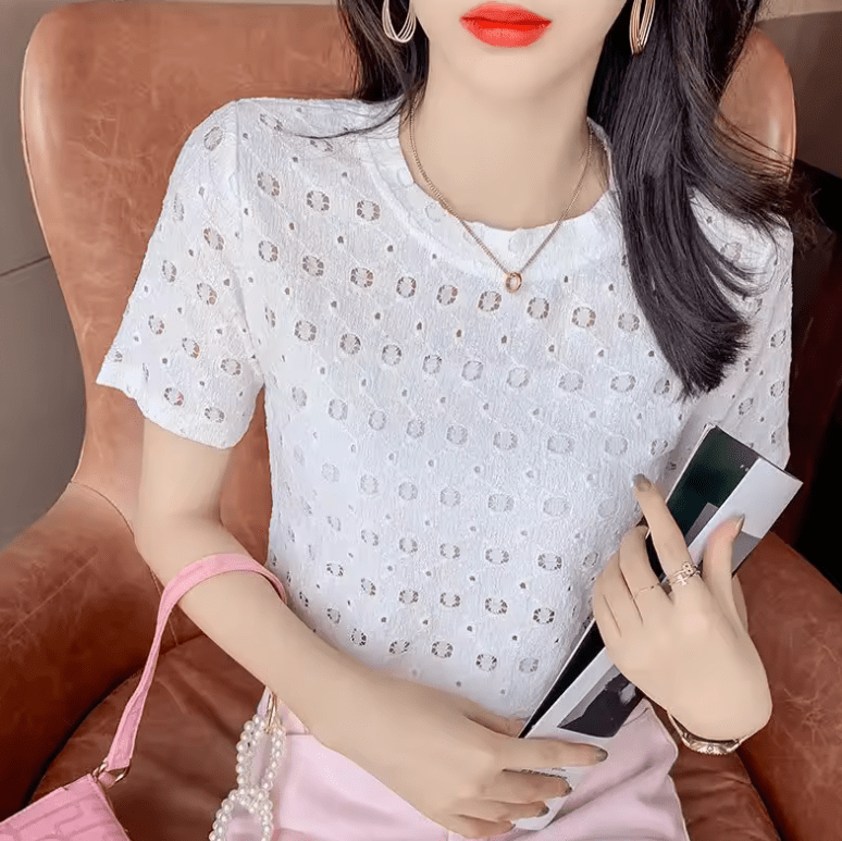 Women’s Lace T-Shirt – French Round Neck Short Sleeve Summer Top