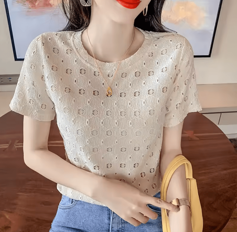 Women’s Lace T-Shirt – French Round Neck Short Sleeve Summer Top