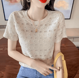 Women’s Lace T-Shirt – French Round Neck Short Sleeve Summer Top