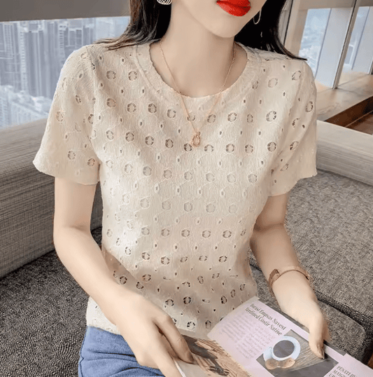 Women’s Lace T-Shirt – French Round Neck Short Sleeve Summer Top