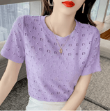 Women’s Lace T-Shirt – French Round Neck Short Sleeve Summer Top