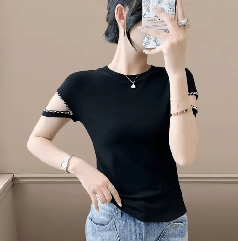 Women’s Slim Fit Beaded T-Shirt – Knitted Round Neck Short Sleeve Top