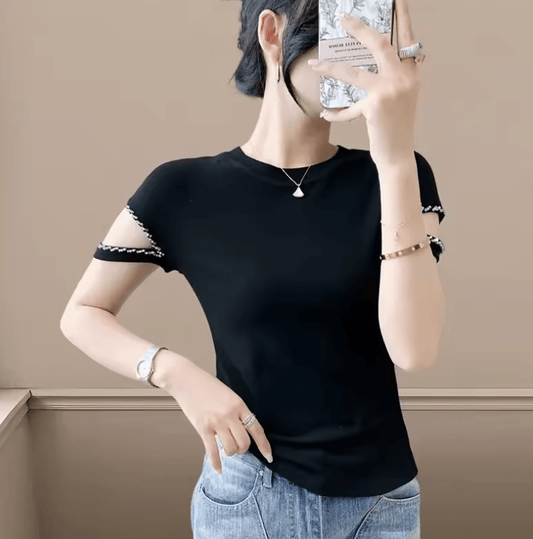 Women’s Slim Fit Beaded T-Shirt – Knitted Round Neck Short Sleeve Top