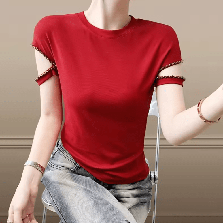 Women’s Slim Fit Beaded T-Shirt – Knitted Round Neck Short Sleeve Top