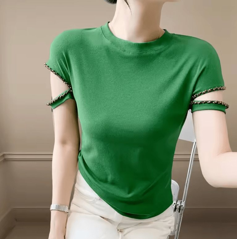 Women’s Slim Fit Beaded T-Shirt – Knitted Round Neck Short Sleeve Top