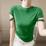 Women’s Slim Fit Beaded T-Shirt – Knitted Round Neck Short Sleeve Top
