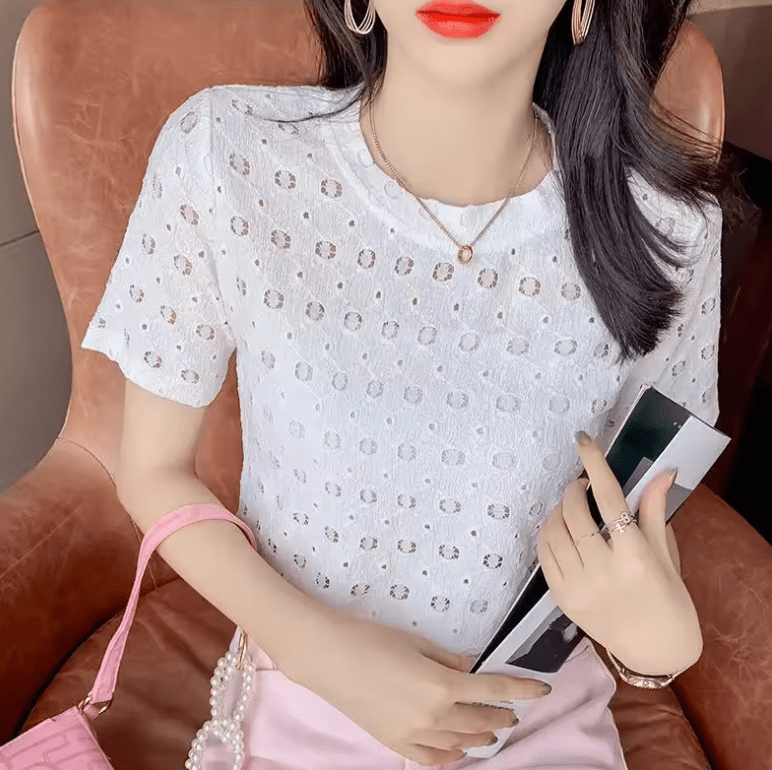 Women’s French Lace T-Shirt – Round Neck, Short Sleeve, Elegant & Versatile – Spring Summer Trendy Basic Top