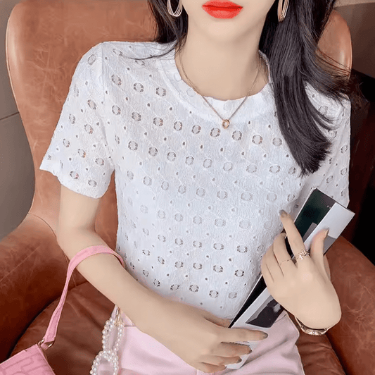 Women’s French Lace T-Shirt – Round Neck, Short Sleeve, Elegant & Versatile – Spring Summer Trendy Basic Top