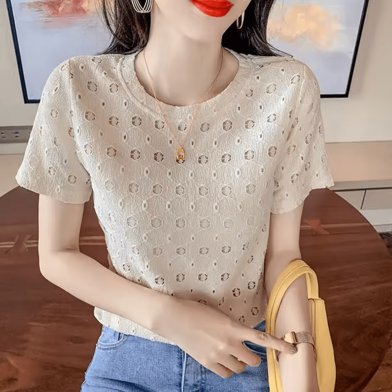 Women’s French Lace T-Shirt – Round Neck, Short Sleeve, Elegant & Versatile – Spring Summer Trendy Basic Top