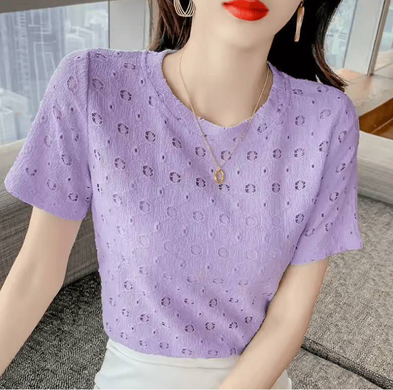 Women’s French Lace T-Shirt – Round Neck, Short Sleeve, Elegant & Versatile – Spring Summer Trendy Basic Top
