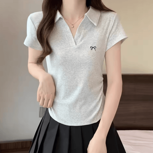 Women’s Slim Fit Cotton Polo T-Shirt – Korean Style Summer Top with Pleated Waist & Short Sleeves