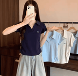Women’s Slim Fit Cotton Polo T-Shirt – Korean Style Summer Top with Pleated Waist & Short Sleeves