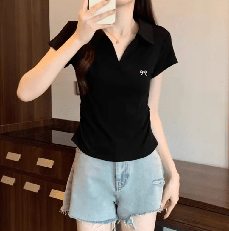 Women’s Slim Fit Cotton Polo T-Shirt – Korean Style Summer Top with Pleated Waist & Short Sleeves