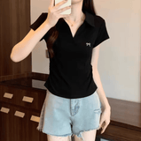 Women’s Slim Fit Cotton Polo T-Shirt – Korean Style Summer Top with Pleated Waist & Short Sleeves
