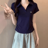 Women’s Slim Fit Cotton Polo T-Shirt – Korean Style Summer Top with Pleated Waist & Short Sleeves