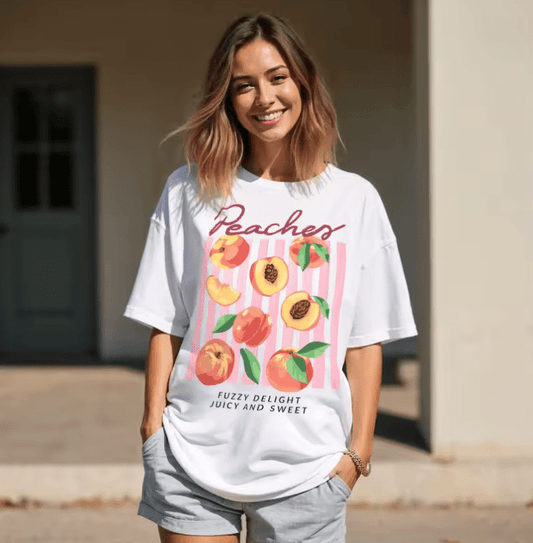 Women’s “Peaches Fuzzy Delight” T-Shirt – Juicy Print Summer Streetwear Cotton Top
