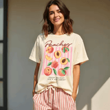 Women’s “Peaches Fuzzy Delight” T-Shirt – Juicy Print Summer Streetwear Cotton Top