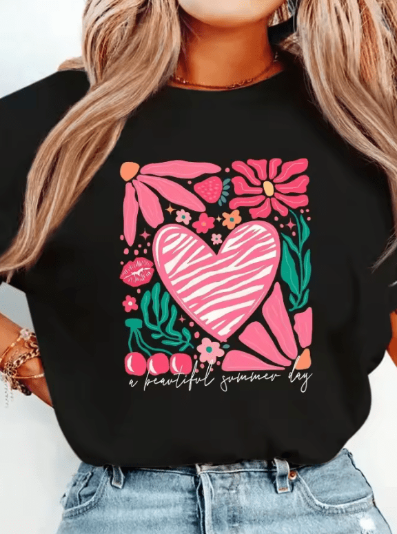 Women’s Floral Lemon Town T-Shirt – Summer Cotton Casual Top with Round Neck & Short Sleeves