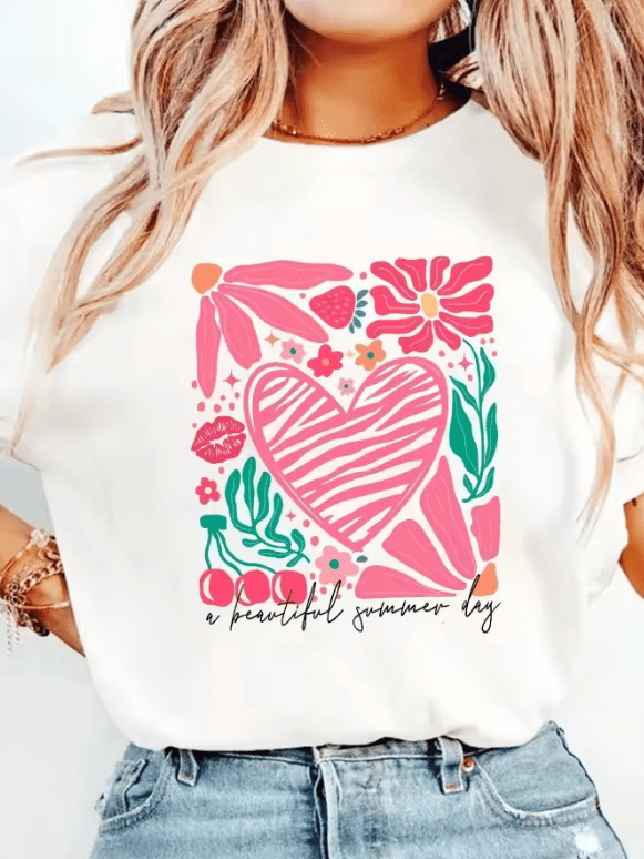 Women’s Floral Lemon Town T-Shirt – Summer Cotton Casual Top with Round Neck & Short Sleeves