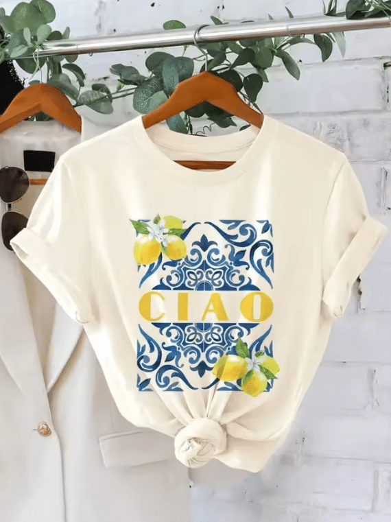 Women’s Floral Lemon Town T-Shirt – Summer Cotton Casual Top with Round Neck & Short Sleeves