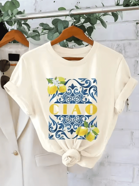 Women’s Floral Lemon Town T-Shirt – Summer Cotton Casual Top with Round Neck & Short Sleeves