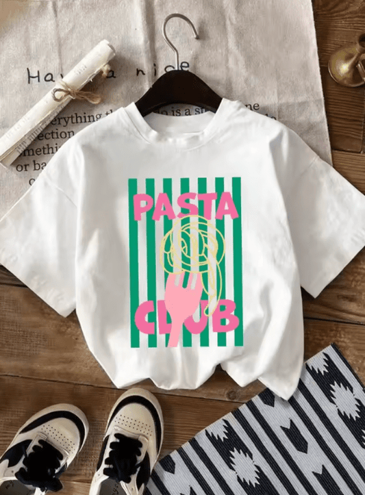 Women’s “Pasta Club” Cotton T-Shirt – Y2K Style Summer Tee with Letter Print, Round Neck & Short Sleeves
