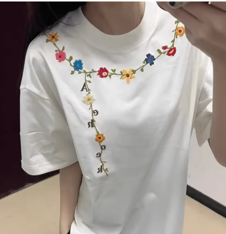 Women’s White Floral T-Shirt – Summer 2025 Casual Lightweight Cotton Top with Short Sleeves