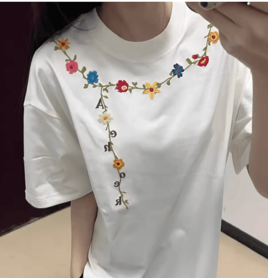 Women’s White Floral T-Shirt – Summer 2025 Casual Lightweight Cotton Top with Short Sleeves