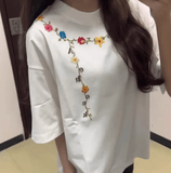 Women’s White Floral T-Shirt – Summer 2025 Casual Lightweight Cotton Top with Short Sleeves