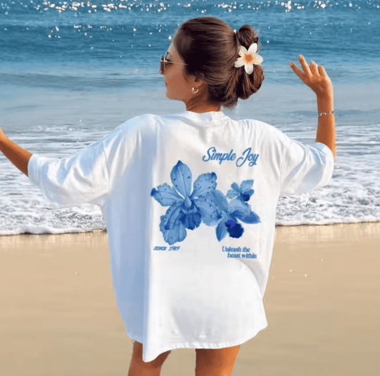 Women’s Floral Cotton T-Shirt – Summer College Style Crew Neck Top with Short Sleeves