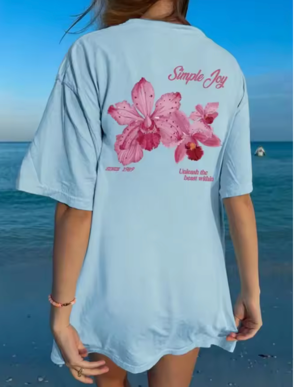 Women’s Floral Cotton T-Shirt – Summer College Style Crew Neck Top with Short Sleeves