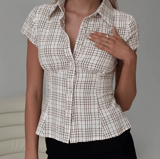 Women’s Y2K Plaid Button Down Shirt – Short Sleeve 90s Streetwear Blouse, Casual Summer Top