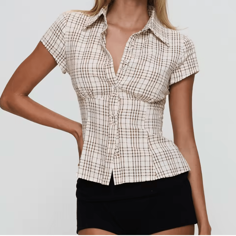 Women’s Y2K Plaid Button Down Shirt – Short Sleeve 90s Streetwear Blouse, Casual Summer Top