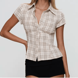 Women’s Y2K Plaid Button Down Shirt – Short Sleeve 90s Streetwear Blouse, Casual Summer Top