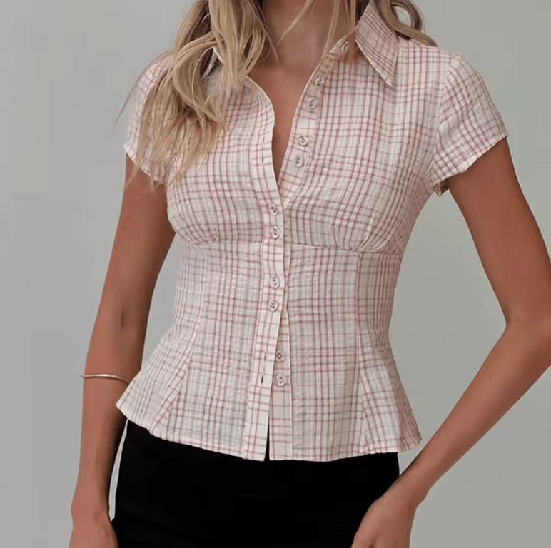 Women’s Y2K Plaid Button Down Shirt – Short Sleeve 90s Streetwear Blouse, Casual Summer Top