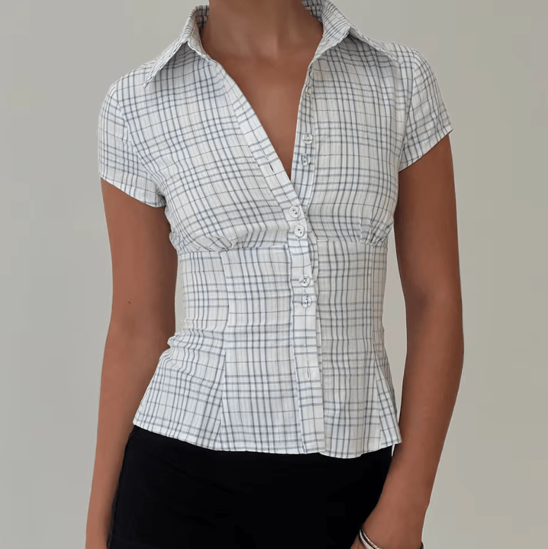 Women’s Y2K Plaid Button Down Shirt – Short Sleeve 90s Streetwear Blouse, Casual Summer Top