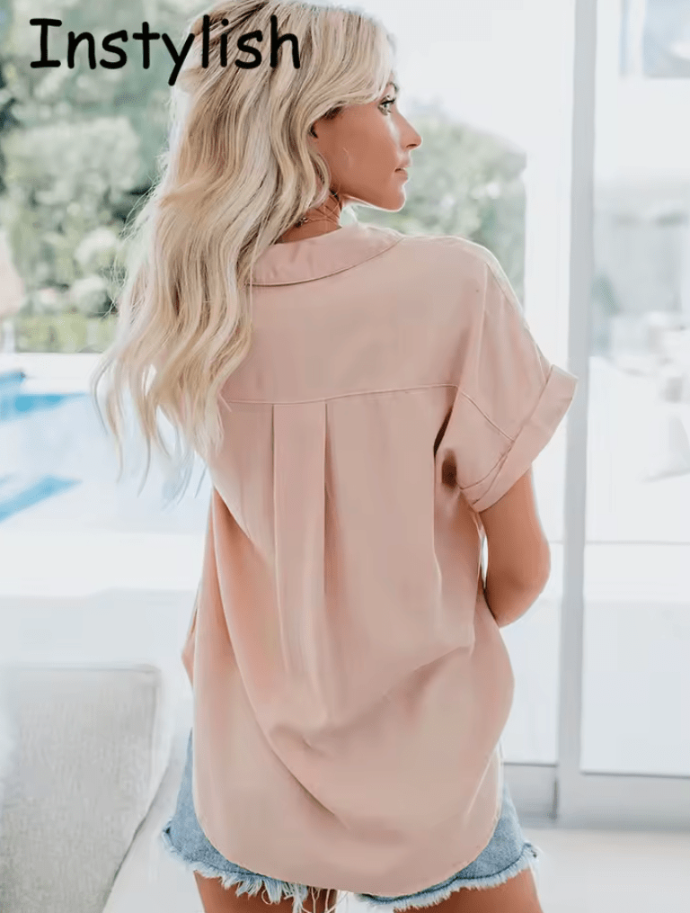 Women’s Elegant Solid Blouse – Summer Short Sleeve Turn-Down Collar Tunic, Loose Luxury Chic Streetwear Top 2025