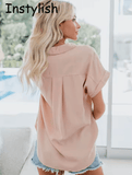Women’s Elegant Solid Blouse – Summer Short Sleeve Turn-Down Collar Tunic, Loose Luxury Chic Streetwear Top 2025