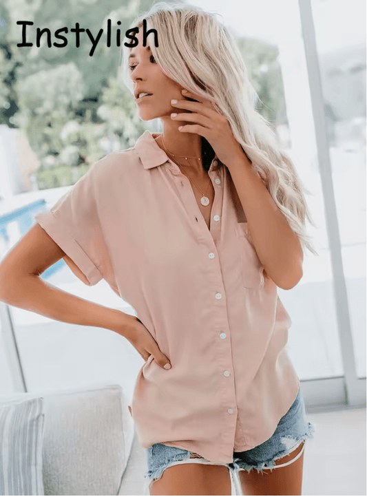 Women’s Elegant Solid Blouse – Summer Short Sleeve Turn-Down Collar Tunic, Loose Luxury Chic Streetwear Top 2025
