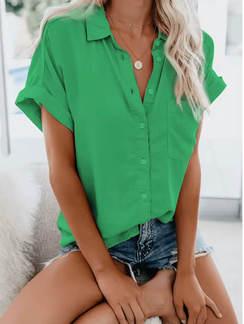 Women’s Elegant Solid Blouse – Summer Short Sleeve Turn-Down Collar Tunic, Loose Luxury Chic Streetwear Top 2025