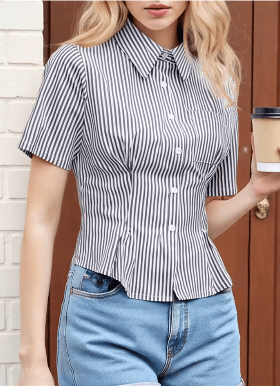 Women’s Casual Button Down Shirt – Striped or Plaid Print Short Sleeve Blouse for Streetwear Aesthetic Look