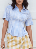 Women’s Casual Button Down Shirt – Striped or Plaid Print Short Sleeve Blouse for Streetwear Aesthetic Look