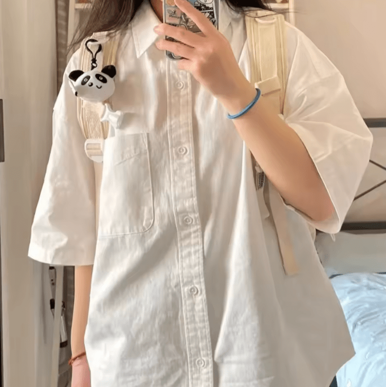 Women’s Loose Casual Short Sleeve Button-Up Shirt – Solid Color Summer Blouse, Minimalist & Versatile Basic Top