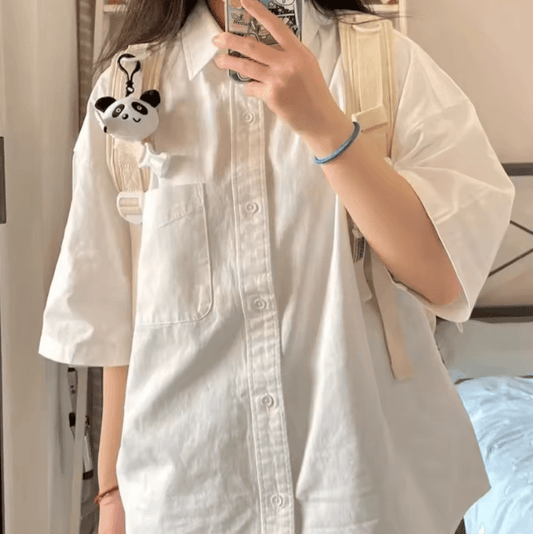 Women’s Loose Casual Short Sleeve Button-Up Shirt – Solid Color Summer Blouse, Minimalist & Versatile Basic Top