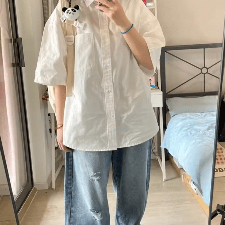 Women’s Loose Casual Short Sleeve Button-Up Shirt – Solid Color Summer Blouse, Minimalist & Versatile Basic Top