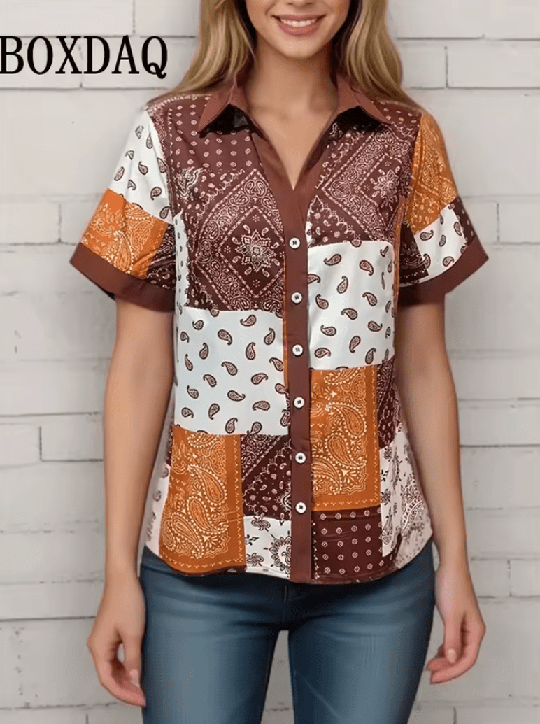Women’s Retro Floral Print Short Sleeve Shirt – Casual Loose Button-Up Blouse with Lapel Collar