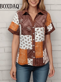 Women’s Retro Floral Print Short Sleeve Shirt – Casual Loose Button-Up Blouse with Lapel Collar