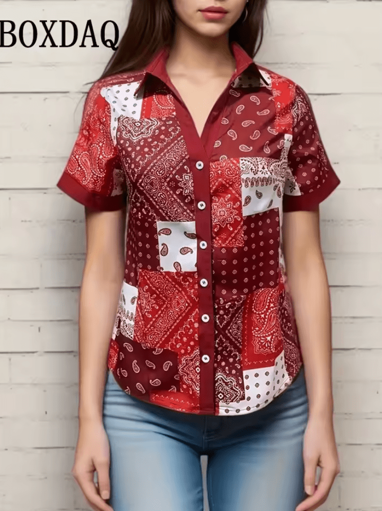 Women’s Retro Floral Print Short Sleeve Shirt – Casual Loose Button-Up Blouse with Lapel Collar