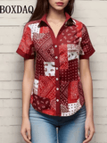 Women’s Retro Floral Print Short Sleeve Shirt – Casual Loose Button-Up Blouse with Lapel Collar