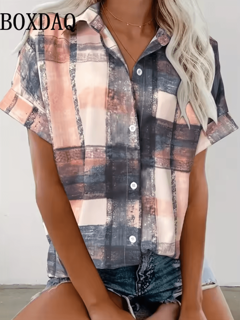 Women’s Retro Floral Print Short Sleeve Shirt – Casual Loose Button-Up Blouse with Lapel Collar